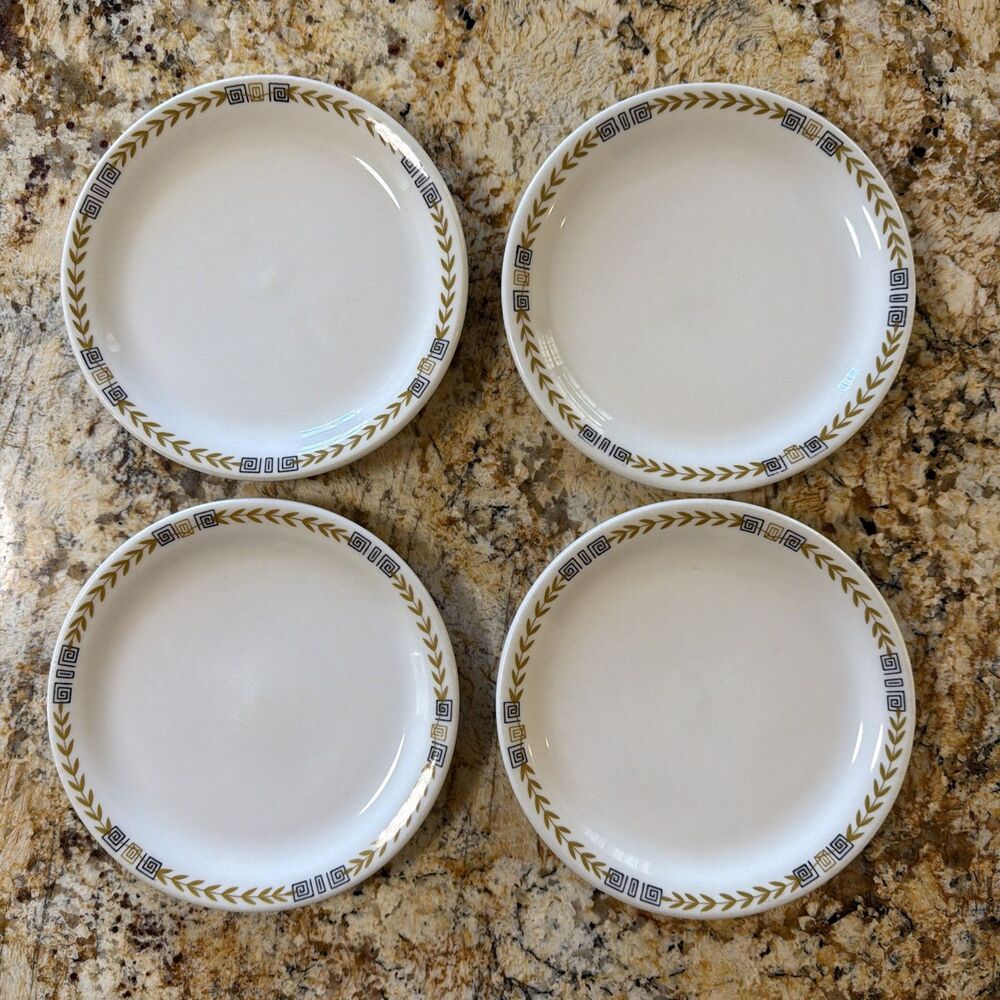 Vintage 4 SHENANGO ESQUIRE Restaurant Ware 7" Plates Greek Key Gold Laurel